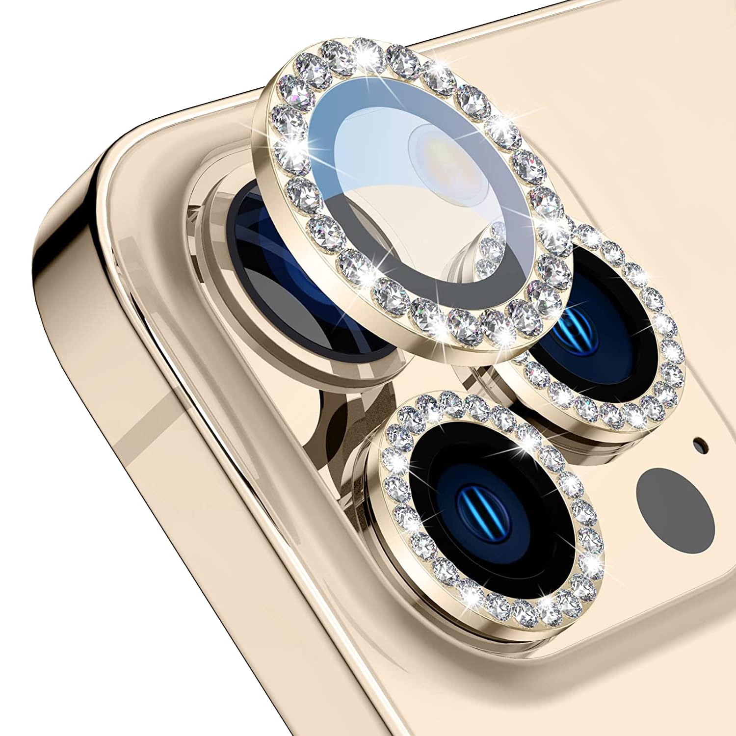 BUFF LABS iPhone 14 Pro / 14 Pro Max İle Uyumlu Diamond Series, Taşlı Kamera Lens Koruyucu (Altın)