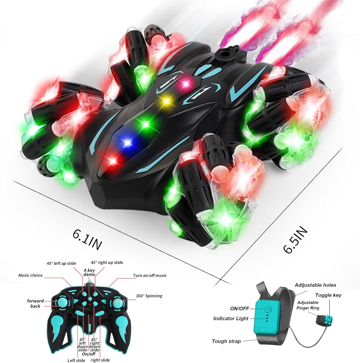 Upgraded Gesture Sensing RC Stunt Car,360° Spins Double-Sided Hand Controlled RC car Spray Watch Remote Control Car with Lights Music Birthday Gifts Toys for Boys Age6-8 8-12