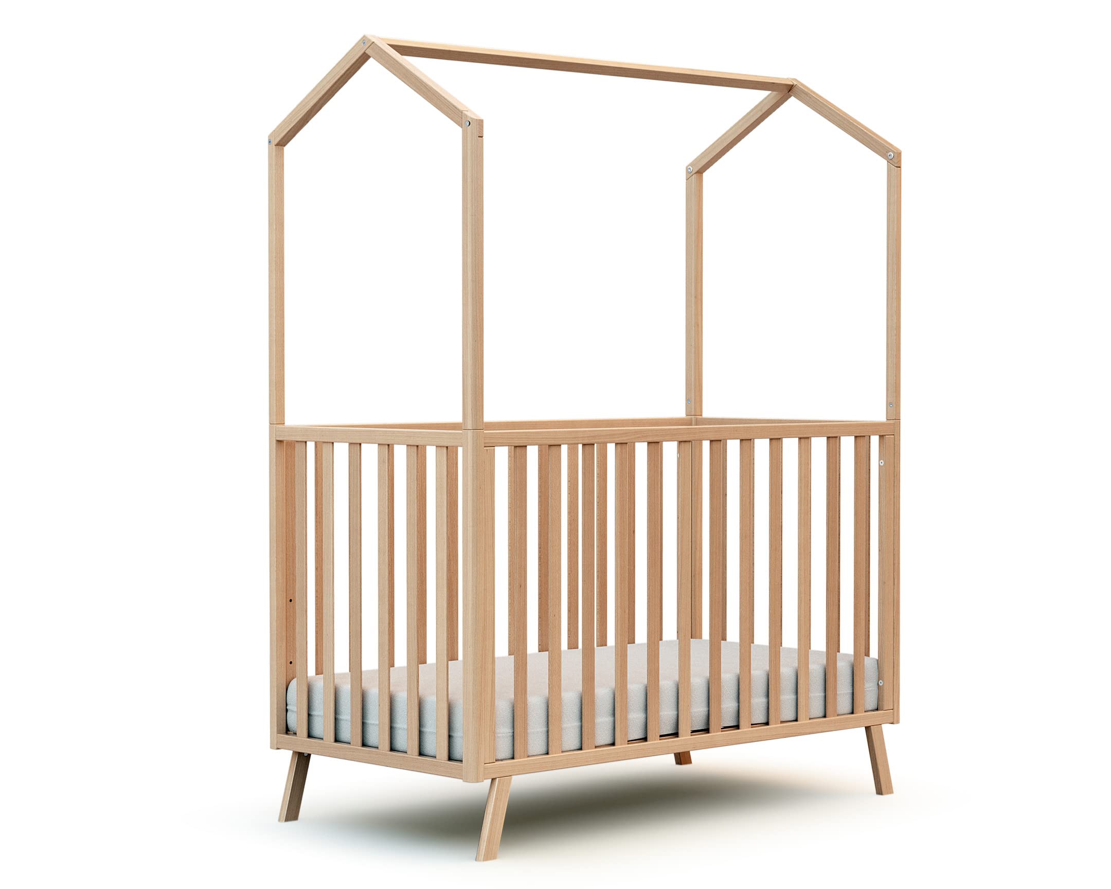 AT4 - Cuna bebé casita evolutiva CONFORT madera - Haya Barnizada - 60 x 120-125,50 x 64 x 158 cm