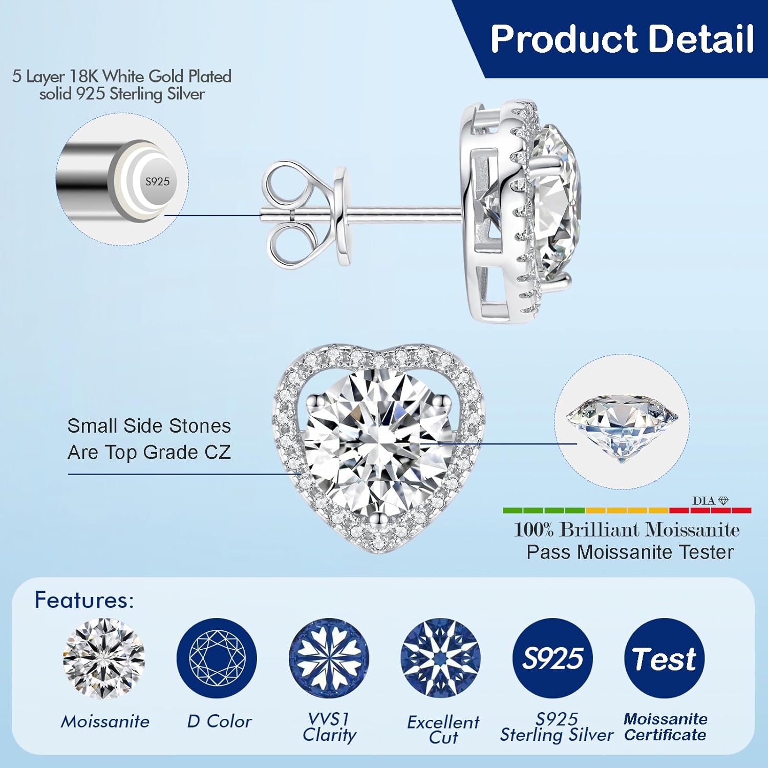 1-4ct Moissanite Stud Earrings for Women - Halo Heart 925 Sterling Silver D Color Ideal Cut Earrings with Certificate of Authenticity - Image 3