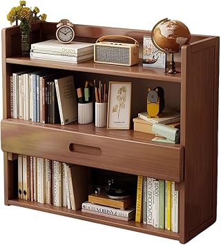 Desktop Bookshelf with Drawer,Desk Hutch Dorm with Baffle,Multipurpose Freestanding Storage Rack,Desktop Display Book Rack for Office,Dorm,HomeBrown,40 * 20 * 65cm