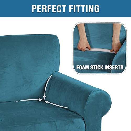 Miniatura 3 de Funda elástica de terciopelo para sofá, fundas de sofá para sofá de 3 cojines (72-96 pulgadas, azul pavo real), paquete de funda para sofá biplaza,