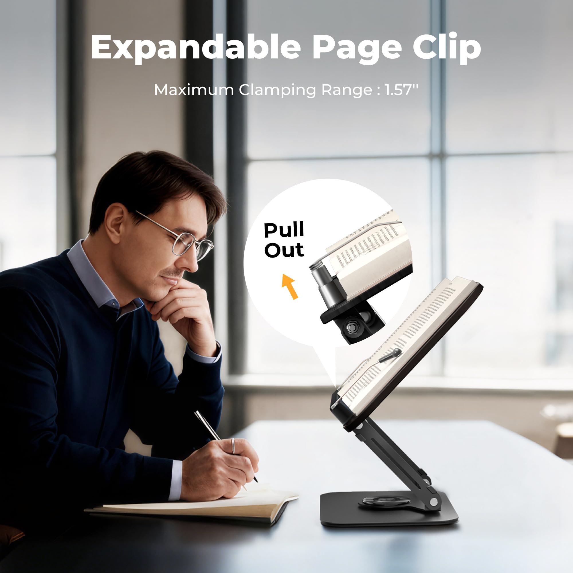 SupeDesk Soporte para libros para lectura, soporte ajustable con bases giratorias de 360°, diseños plegables y clips elásticos, soporte multifuncional para recetas, libros de cocina, revistas,