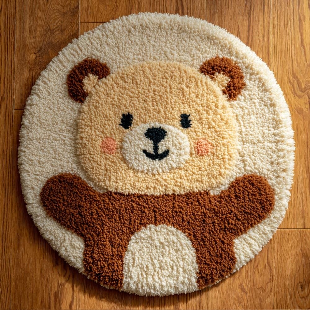 kitphoenix Round Shape Latch Hook Kits Rug Bear DIY Cushion Rug Carpet Making Crochet Hook Kits Preprinted Pattern Canvas Cushion Yarn Hooking Kits Mat Kits 50X50Cm