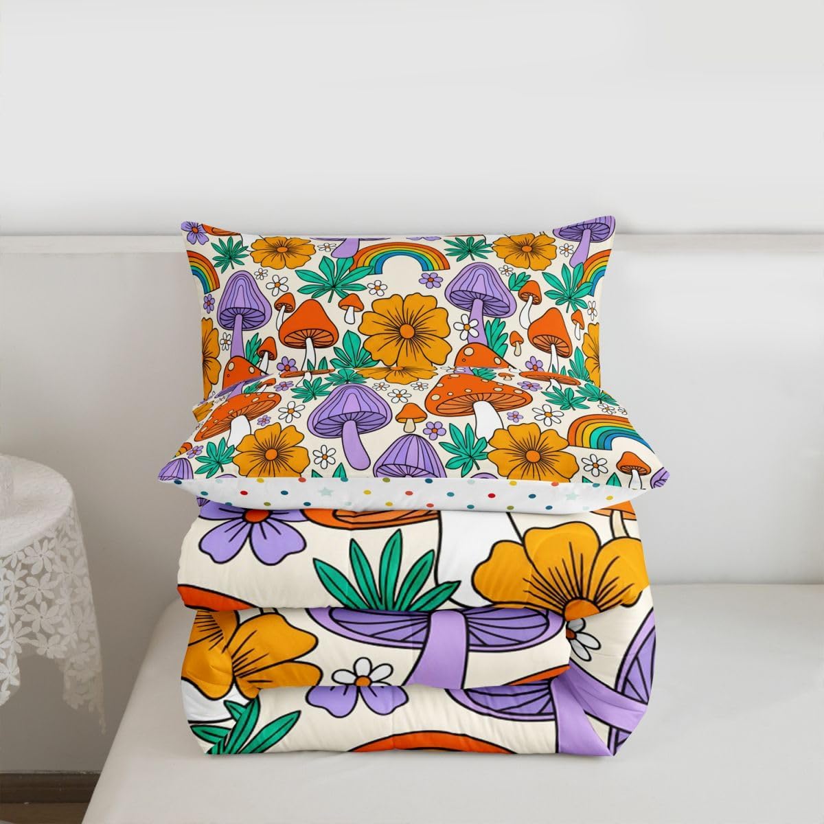 Feelyou Mushroom Comforter Set Rainbow Eyed Print Bedding Set Retro 60S 70S Floral Comforter Flowers Groovy Quilted Duvet Set for Kids Boys Girls Queen Size with 2 Pillow Case
