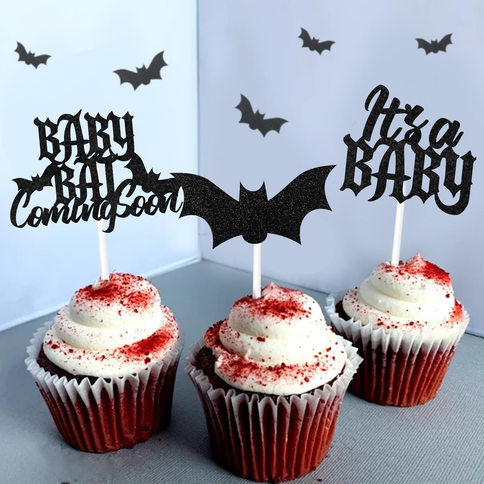 Gyufise 24Pcs Halloween Bat Cupcake Toppers - Black Glitter Bat Picks For Party Cake Decor - View #2