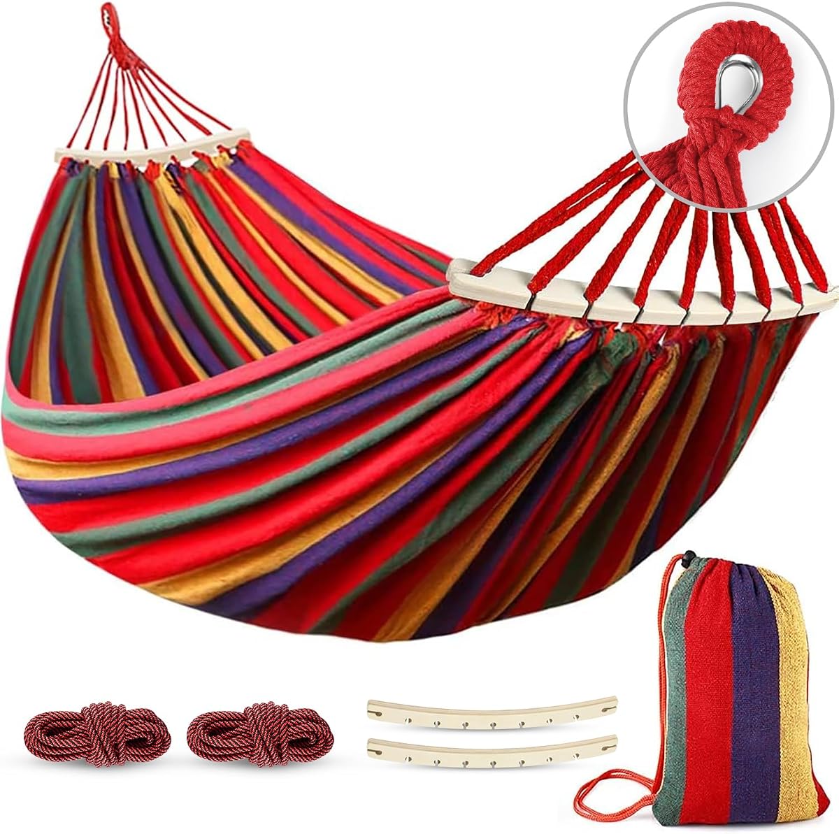 Hamacas MOSFiATA Hamaca de camping portátil Hamaca de tela cómoda mejorada de 550 libras con dos vigas de equilibrio antivuelco y correas de árbol resistentes para camping, patio, patio trasero, exterior (rayas de colores)