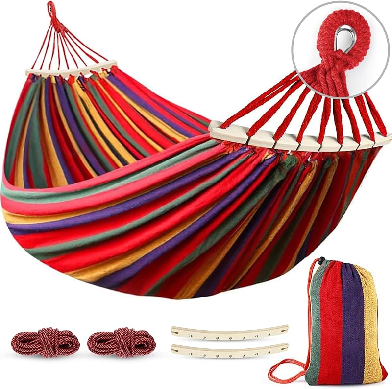 Hamacas MOSFiATA Hamaca de camping portátil Hamaca de tela cómoda mejorada de 550 libras con dos vigas de equilibrio antivuelco y correas de árbol resistentes para camping, patio, patio trasero, exterior (rayas de colores)