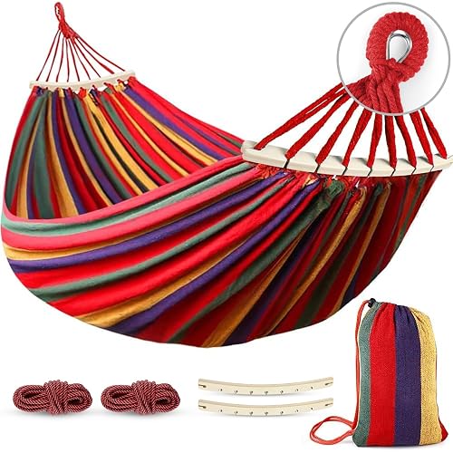 MOSFiATA Hammocks Portable Camping Hammock Upgraded 550lb Comfortable Fabric Hammock with Two Anti Roll Balance Beam and Sturdy Tree Straps for Camping, Patio, Backyard, Outdoor (Colorful Stripe)