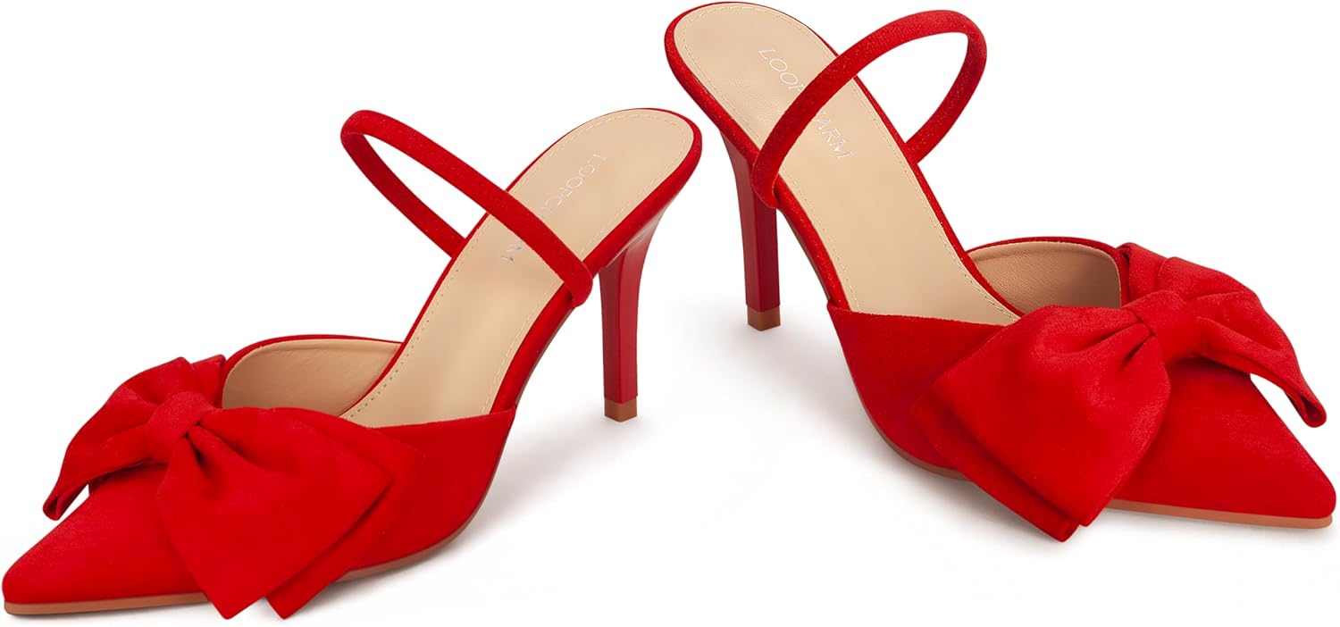 Women's Closed Pointed Toe Slingback Pumps with Big Bow Elastic Strap 3.5 Inch Stiletto Heels Dress Shoes,RED SU,7.5 - Image 6