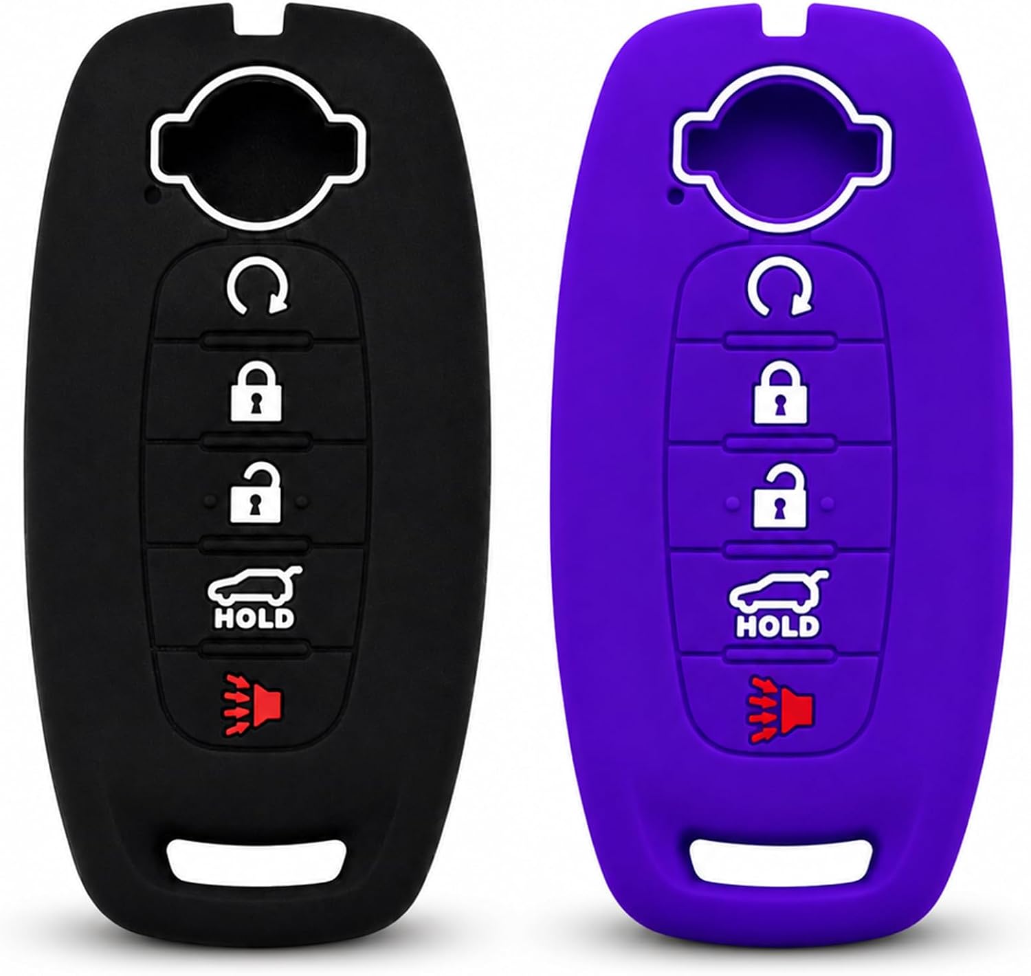 Autobase Silicone Key Fob Cover for 2023 2024 2025 Nissan Rogue Pathfinder Sentra | Rubber Remote Key Fob Protector Case with 5 Buttons - Black and Purple - 2 Pcs