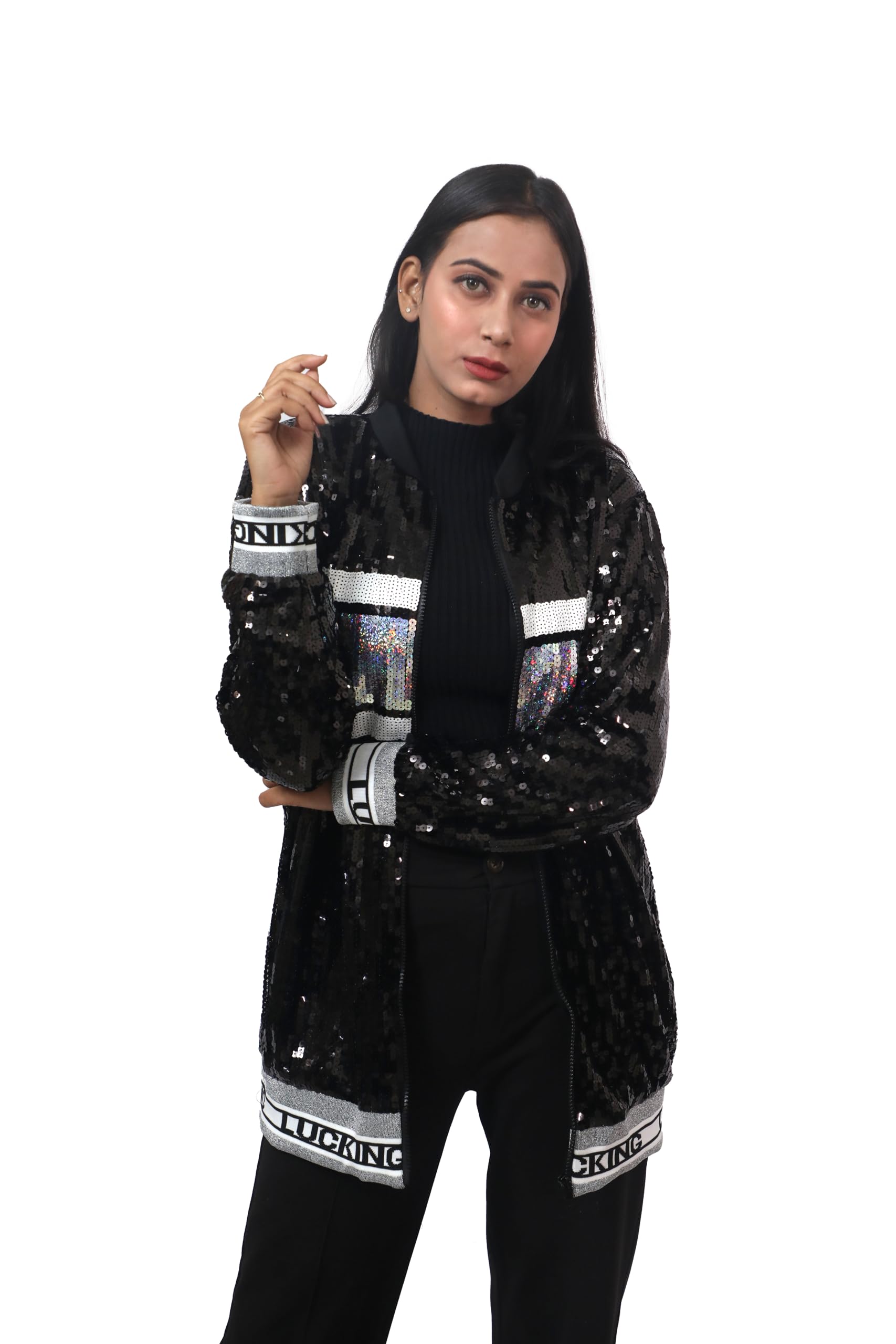 g.fidel Women Sequin Jackets Sparkly Bomber Jackets V-Neck Long Sleeve Zipper Glitter Clubwear Fashion Coat (FREE SIZE)-picture-40