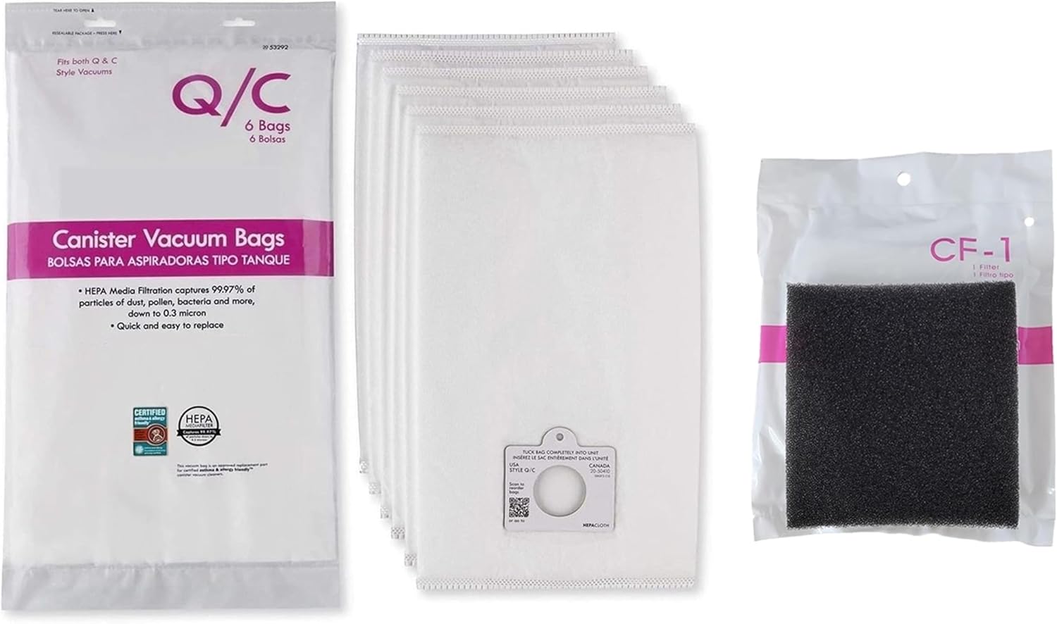 6 Style Q/C Hepa Bags + 1 CF 1 Chamber Filter. Compatible with Kenmore Elite Intuition Progressive 200 400 600 700 800 Series Canister Vacuum Cleaners. Part #'s 53292 5055 81002 50557 50558