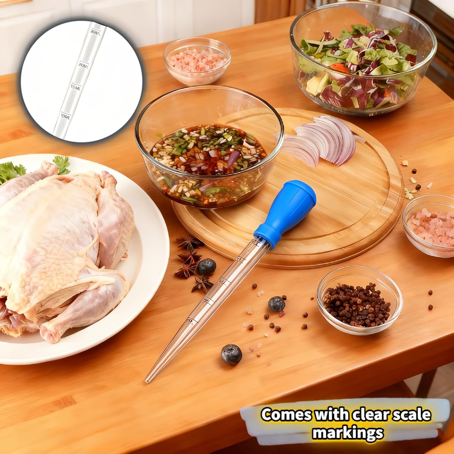 Professional Kitchen Marinade Injector, 30ml Food-Grade Heat-Resistant Meat Syringe with Cleaning Brush, Clear Scale Markings, Non-Slip Grip for Juicy Turkey, Poultry, Beef (Blue(Large))