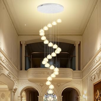 Crystal Ball Chandelier for High Ceiling Modern Glam Crystal Chandelier Lighting for Foyer Enterway Long Staircase 25 Light Silver
