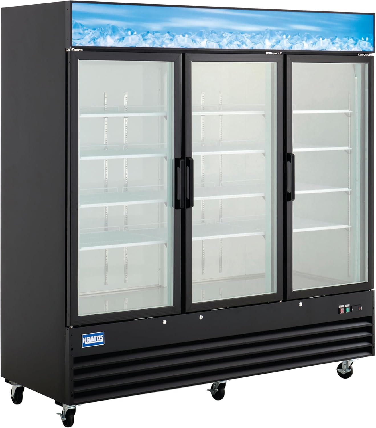 Kratos Commercial Three Door Merchandising Freezer, Large Glass Door Black Mobile Display Freezer for Markets and C Stores, 78" Wide, LED Lighting, 115V (67K-211)