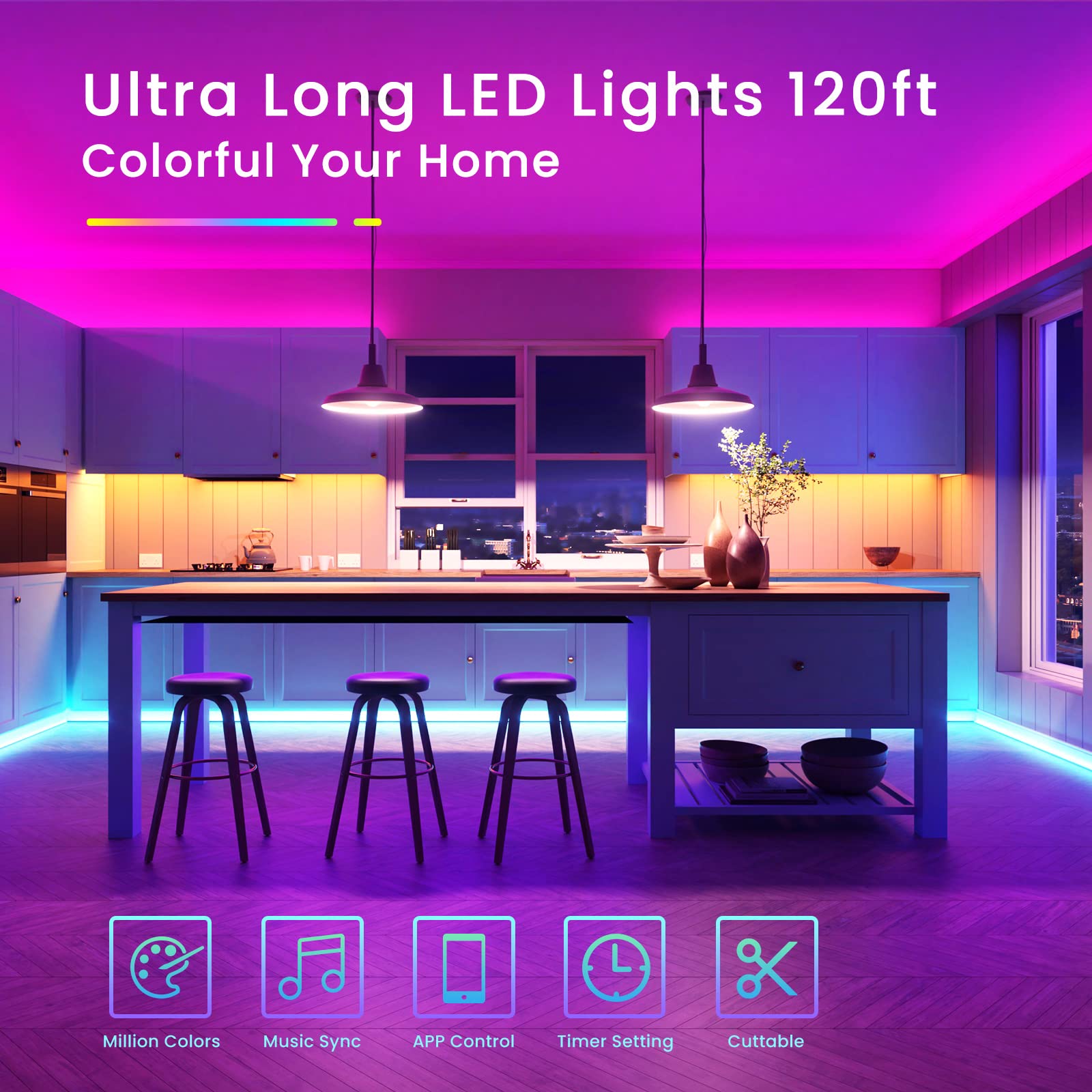 120ft Bluetooth LED Strip Lights,SMD 5050 Music Sync LED Lights Strip,RGB Color Changing LED Lights with Remote,Smart Phone APP Control,LED Lights for Bedroom,Ceiling,Room DIY(APP+Remote +Mic/60ftx2)