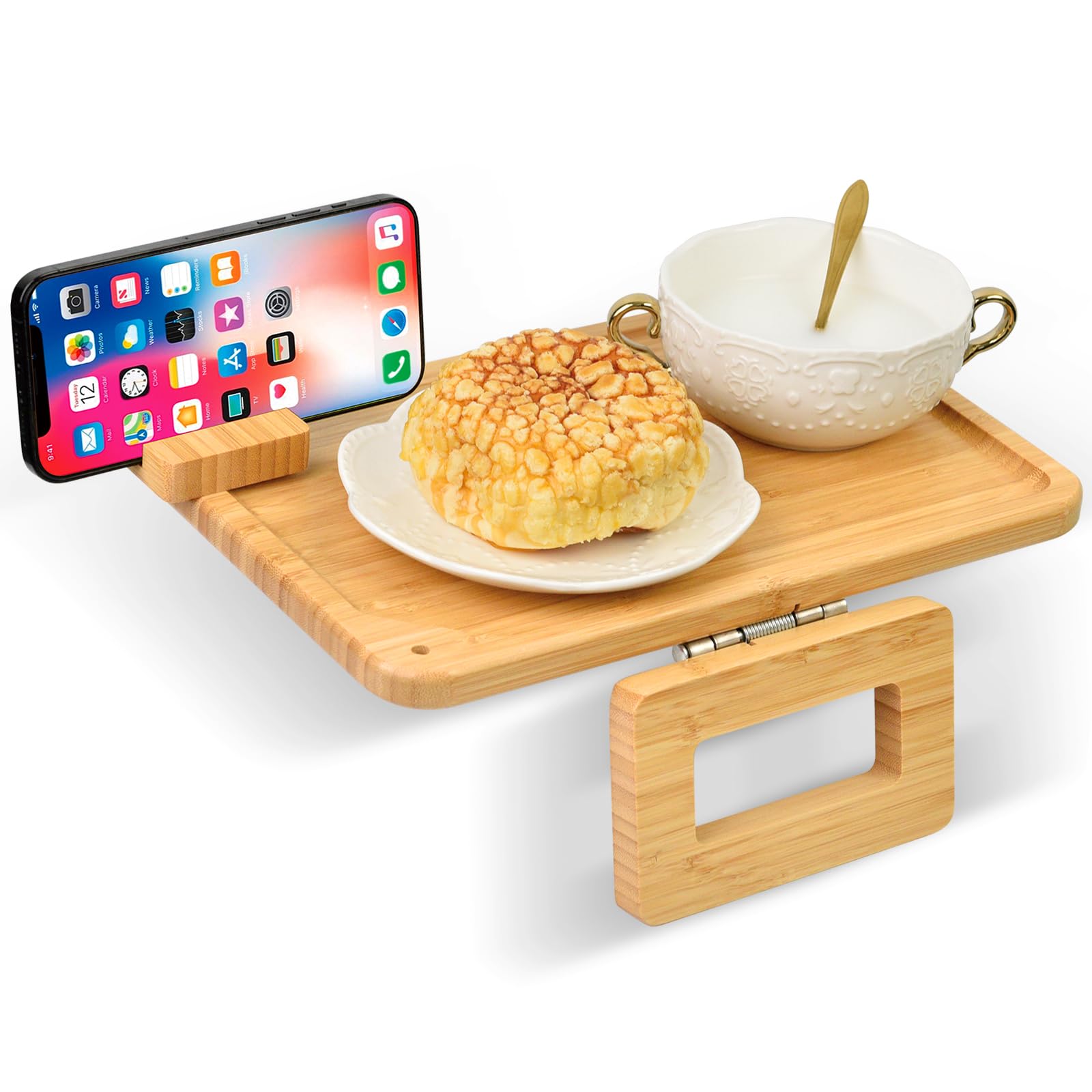 KENNEDICH Couch Arm Tray, Clip on Tray Sofa Table, Foldable Bamboo Sofa Armrest Table, Stable Drink Cup Holder Tray for Various Couches Arm- with Dual Slots for Both Phone & Tablet Use