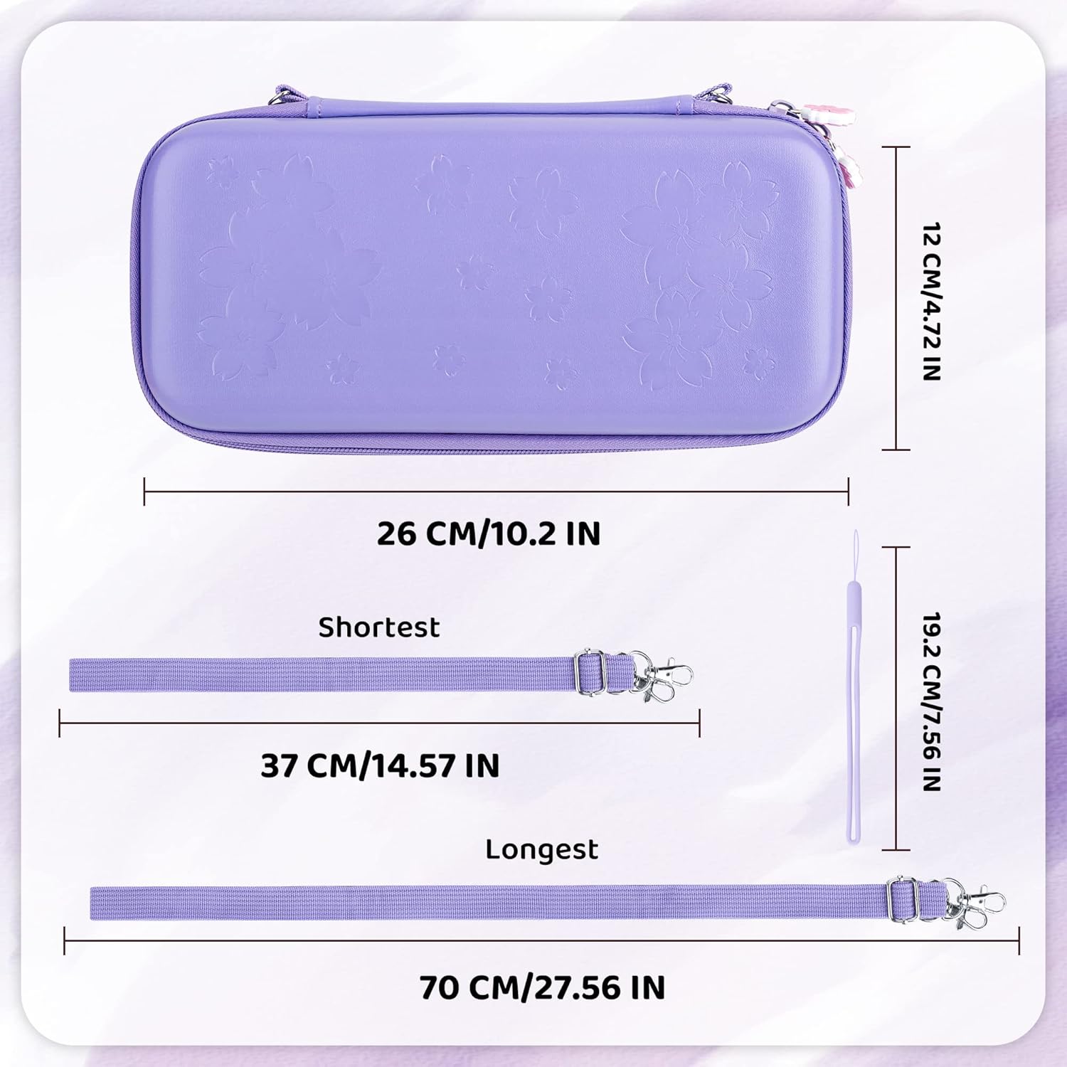 RHOTALL Purple Sakura Embossing Carrying Case for Nintendo Switch OLED, Potable Case for Switch OLED with Soft Cover, Screen Protector, 4 Thumb Caps, Wrist band and Shoulder strap - Purple