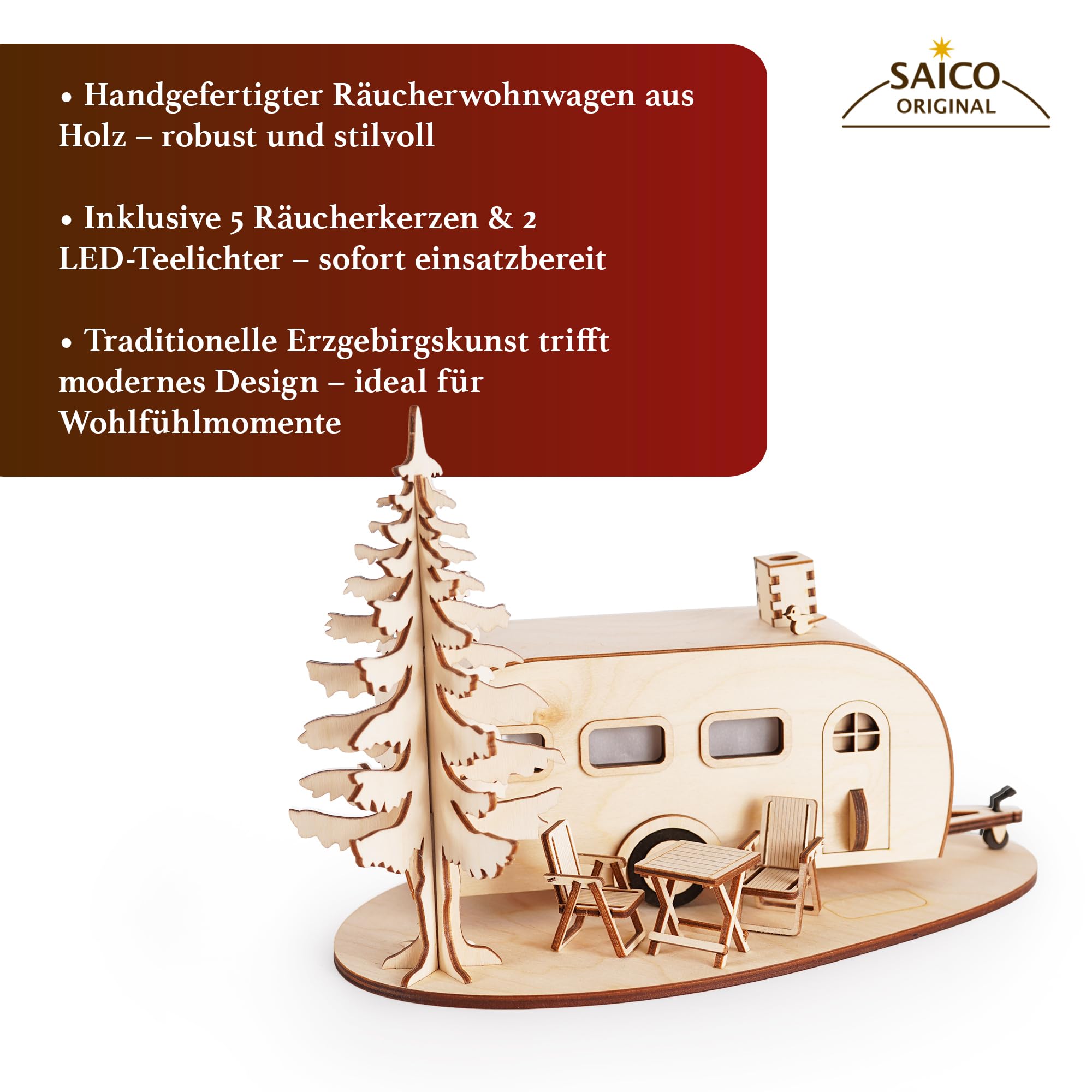 Saico - Räucherwohnwagen groß Einachser - Räucherhaus Erzgebirge mit LED-Beleuchtung, Räucherkerzenhalter mit LED-Teelicht, Geschenkidee, Holzkunst Erzgebirge - 28 x 18 x 16 cm - Made in Germany