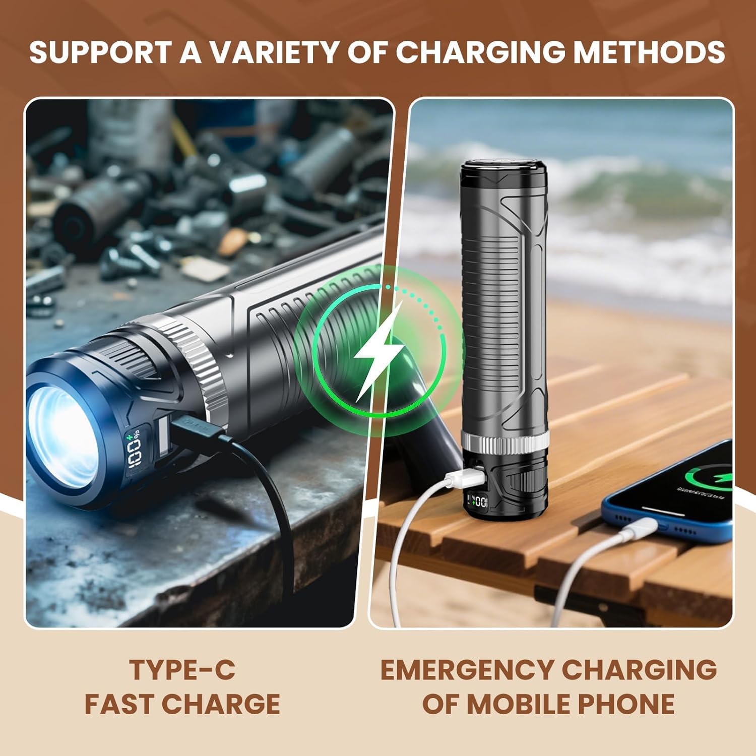 Rechargeable Flashlight,Waterproof Magnetic LED Flashlight Camp Light with Metal Hook,Base Connector for Stand,3 Color Temperature,for Hunting Cycling Camping (1pc)