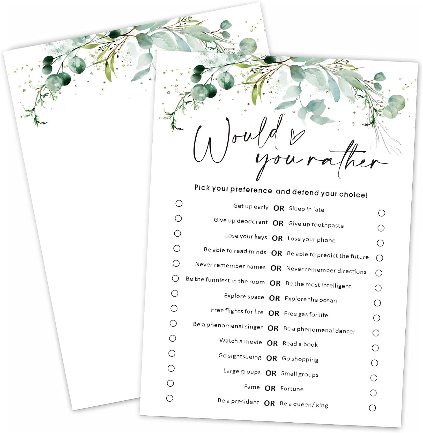Birthday Party Games - Would You Rather - Game Cards Set of 30, 5x7 in Icebreaker Bingo Style Cards, Greenery Office Team Games - 04
