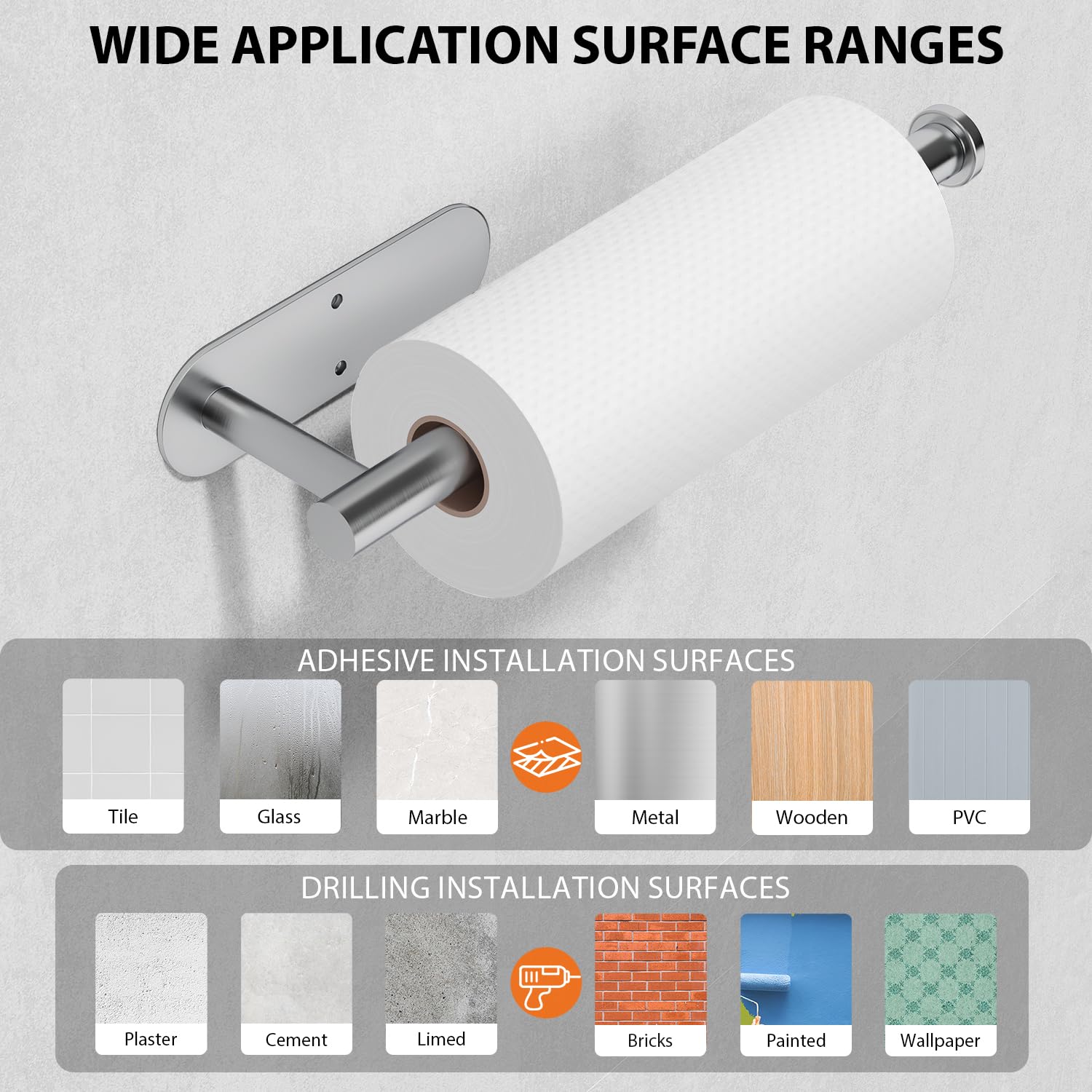 Soporte para toallas de papel debajo del gabinete, rollos de papel autoadhesivos para cocina, montaje en pared de acero inoxidable grueso a prueba de óxido, ambos disponibles en adhesivo y 7