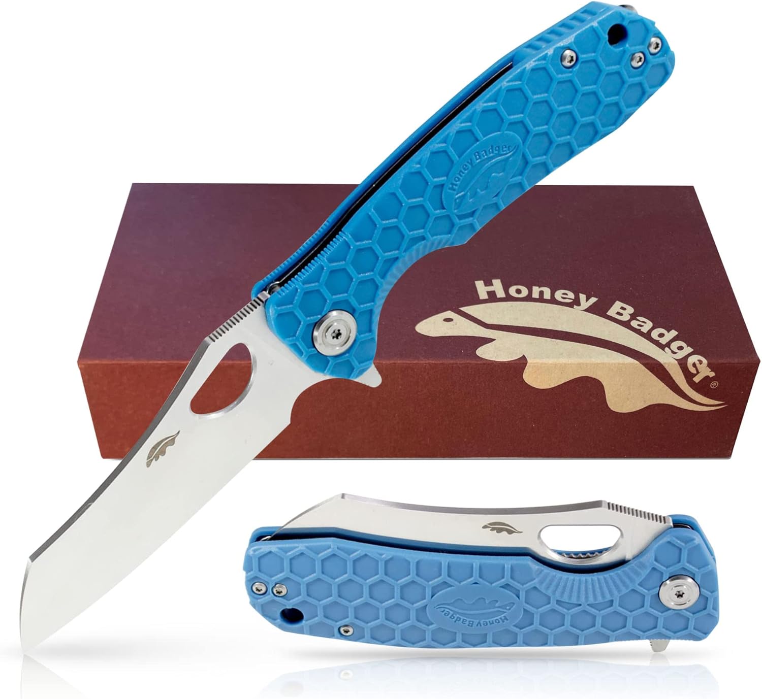 Honey Badger Knife - Flipper Wharncleaver Pocket Knife, EDC Hunting with 3.6" D2 Steel Blade, Nylon+Glass Fiber Handle & Reversible Pocket Clip, 4.0oz, Large Blue HB1036