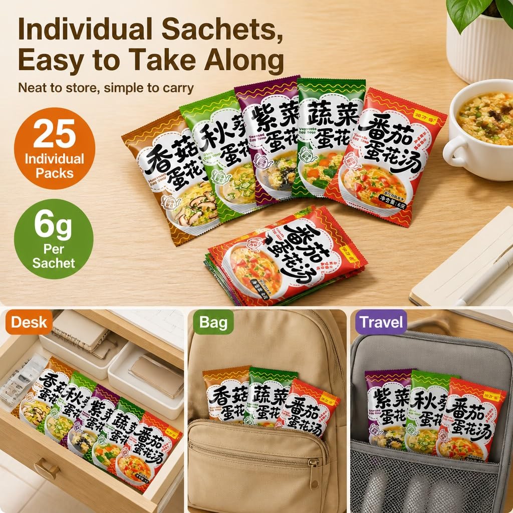 Paquet De 25 Mélanges Soupe Instantanés : Aux Œufs 5 Saveurs, Petit-déjeuner Rapide, Camping, Portions Faciles