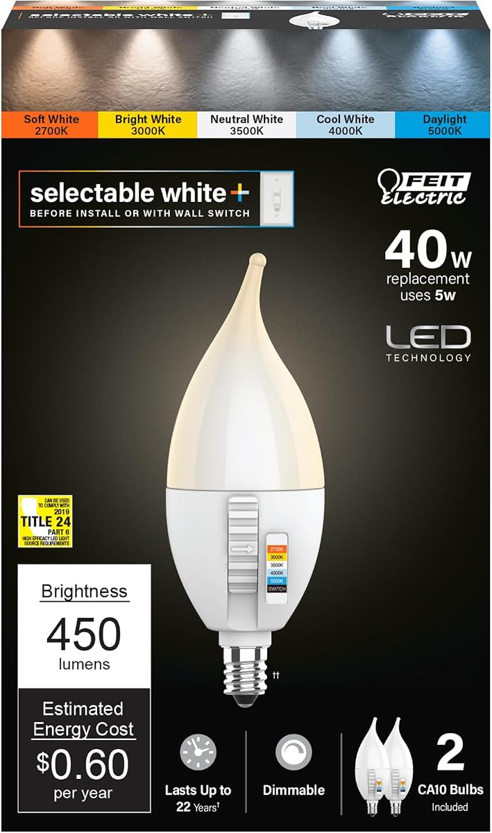 Feit Electric CA10 LED Candle Bulb Flame Tip, 40W Eq, 5CCT 6Way, 2 Pack