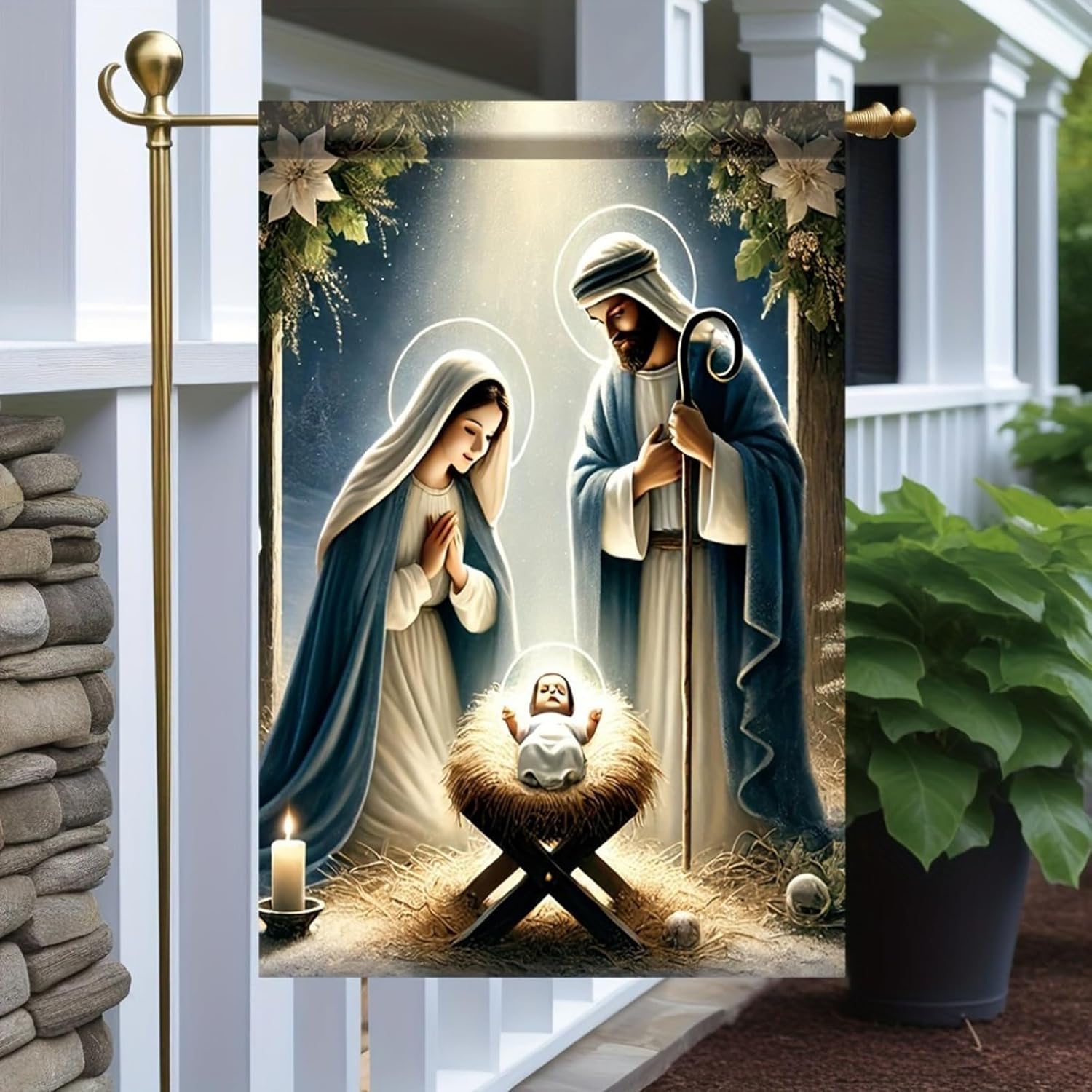 Christmas Garden Flag Winter Nativity Scene Garden Flag Double Sided 12x18 Flag Religious Christmas Yard Decor Mary Joseph and Baby Jesus Under Starry Night Outdoor Decoration Lawn Banner - Image 3