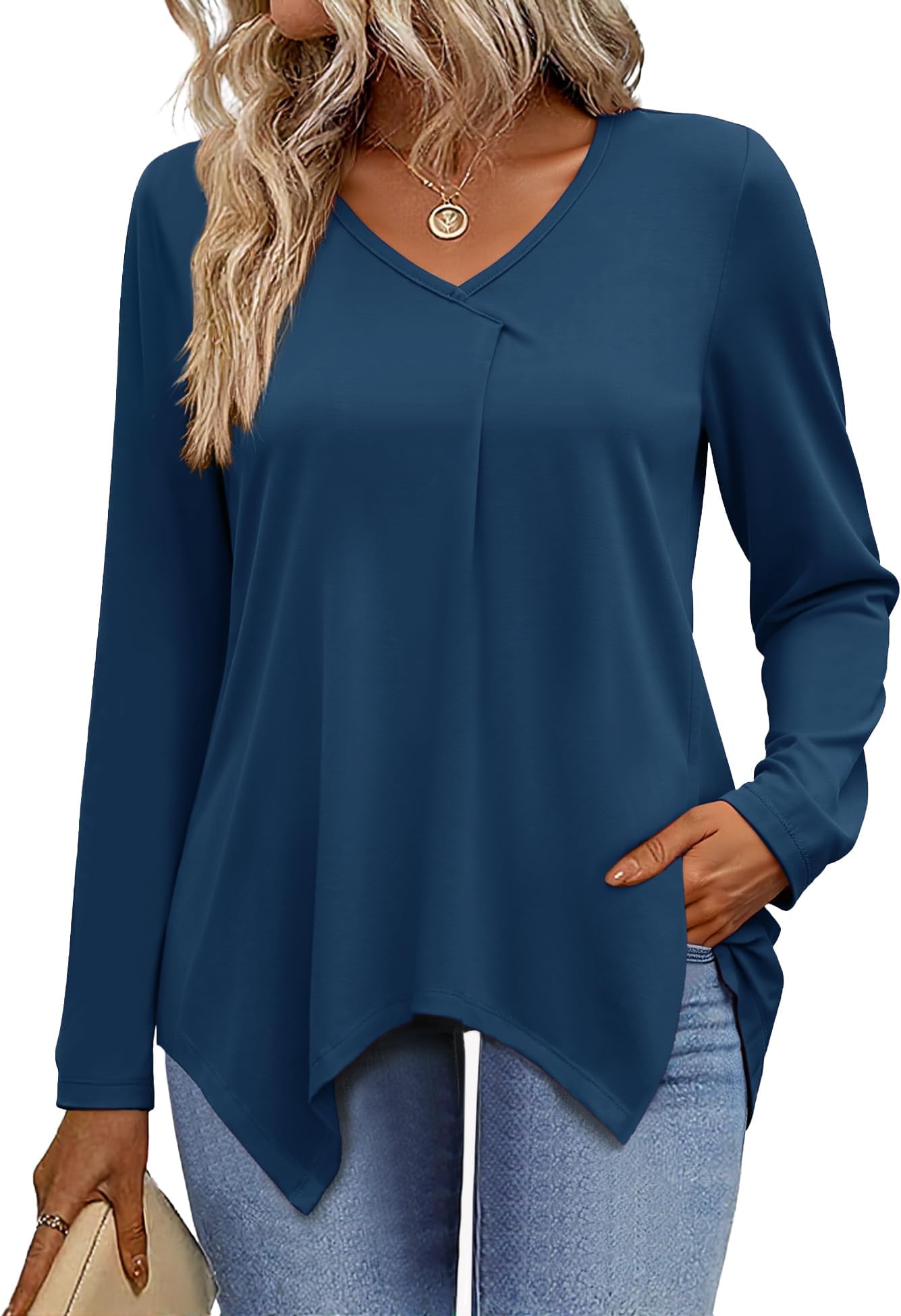 Long Sleeve Womens Tops V Neck Casual Tunic Tops Basic Pleated Flowy Asymmetrical Hem Shirts Loose Fit 2025 M-3XL