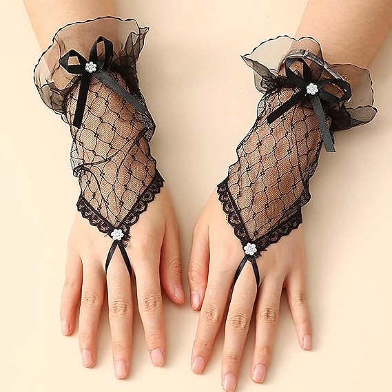 Olbye Women's Wedding Bow Lace Fingerless Brides Wrist Cuff Short Mesh Sheer Gloves