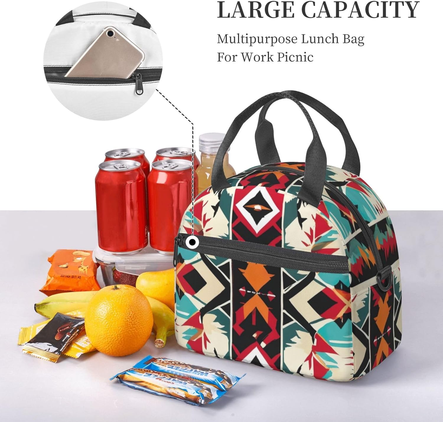 Native American Bald eagle Pattern Print Reusable Lunch Bag Insulated Lunch Boxes for Office Work Picnic Tote Bag Adjustable