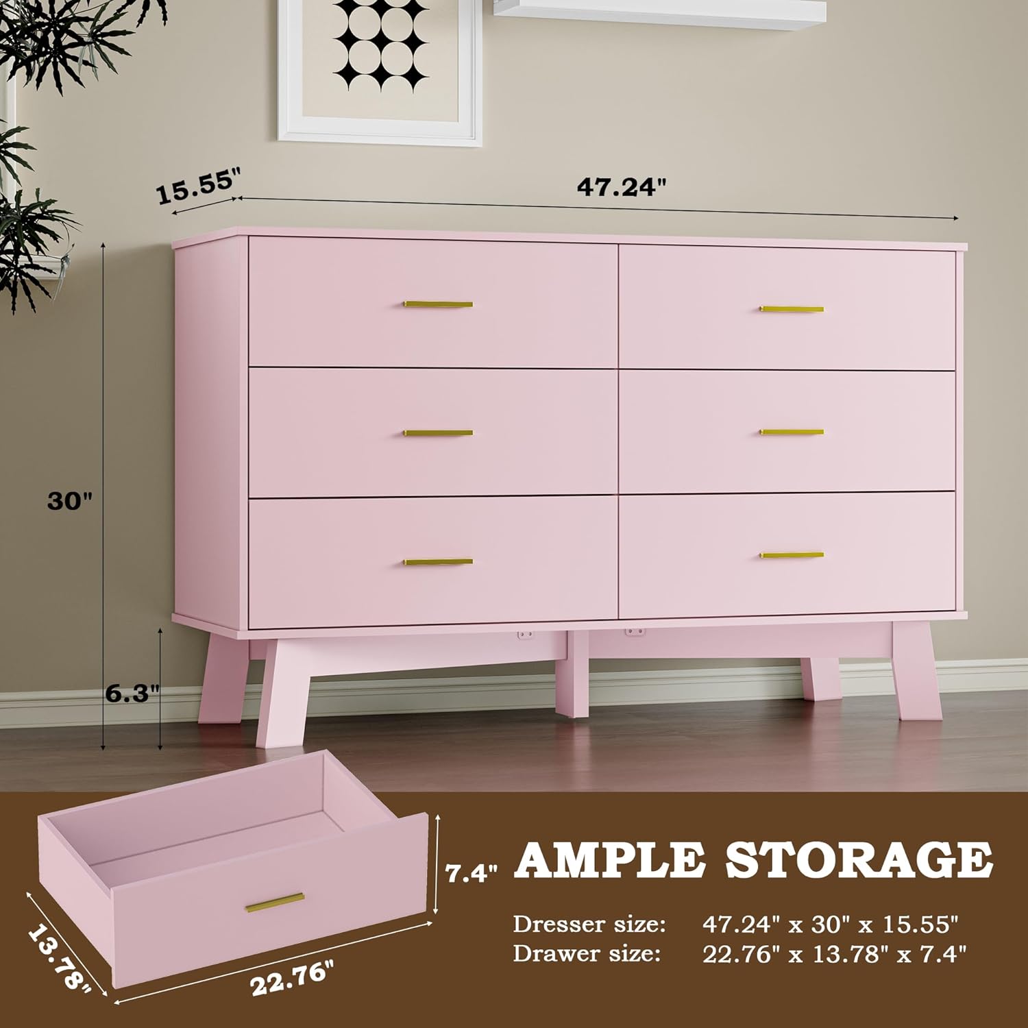 BORNOON Dresser for Bedroom with 6-Drawer, 47.2" Modern Chest of Drawers with Metal Handles, X-Shape Base & Adjustable Center Leg, Anti-Tip Closet Organizers and Storage