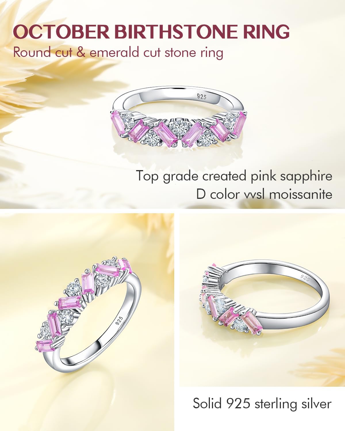 DAYBYDAY Birthstone Rings for Women 925 Sterling Silver Emerald Cut Eterinty Band Ring Created Gemstone Moissanite Wedding Band Anniversary Ring Size 6-10