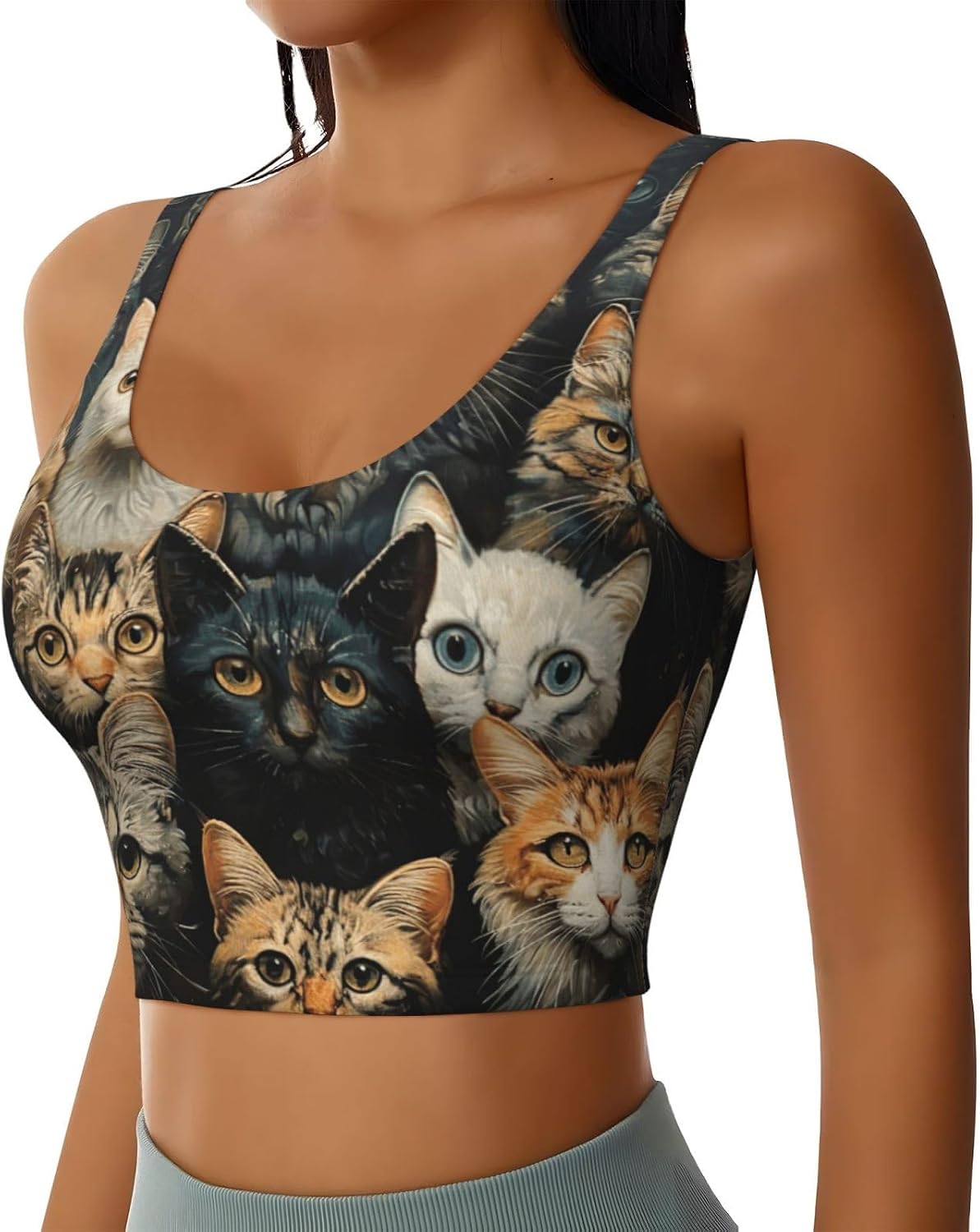 Cat Print High Impact Sports Bras,Longline Sports Bra,Perfect For Yoga,Running And Gym Workouts
