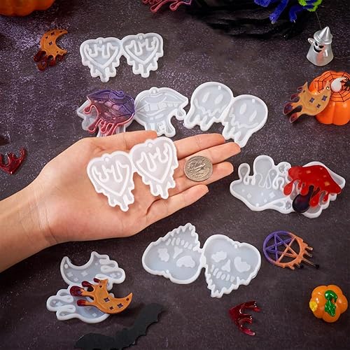 Miniatura 5 de Mega Pet 10 moldes para colgantes de Halloween, con tema de gotas de sangre, moldes de silicona para calavera, corazón, luna, moldes de resina