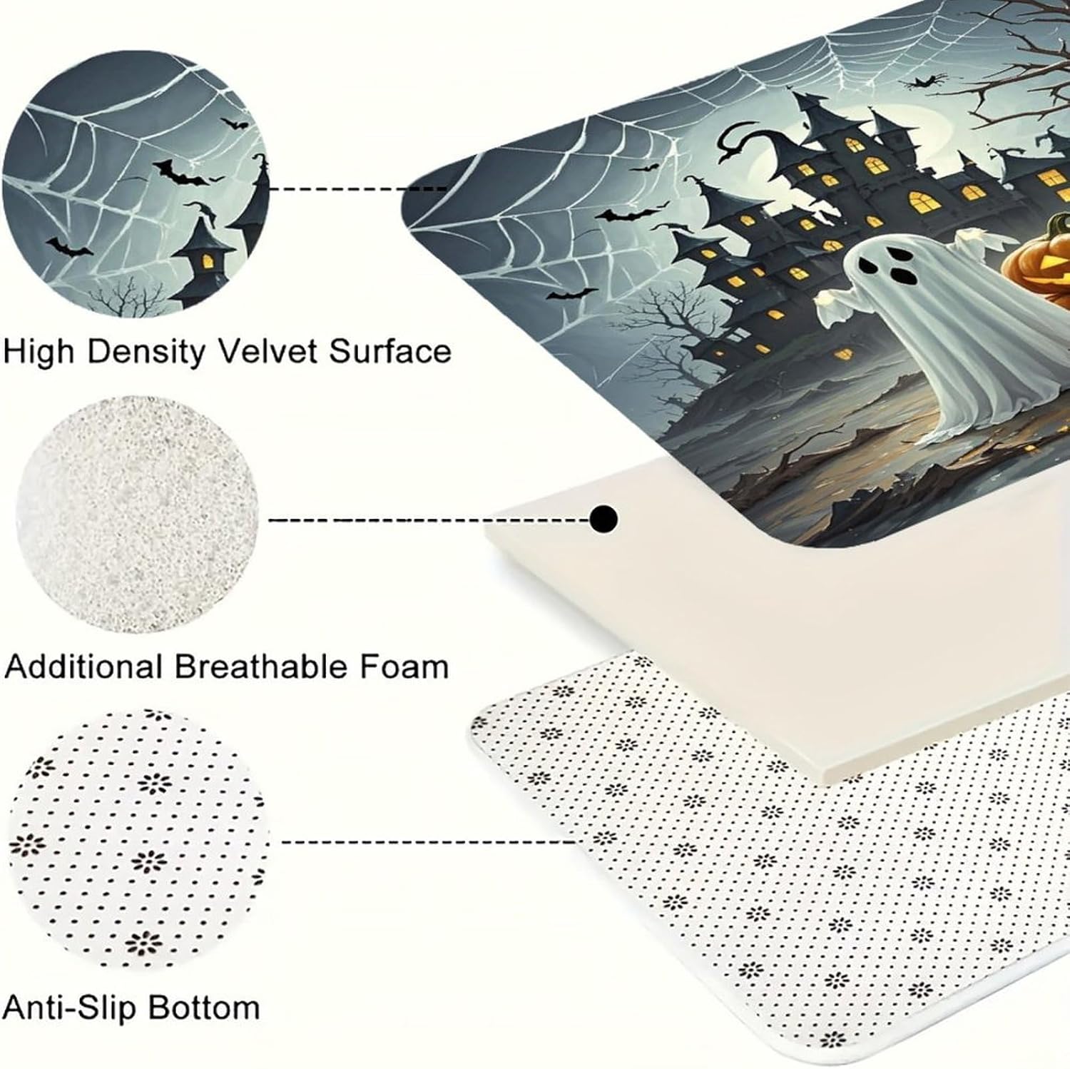 Ghost Pumpkin Castle Kitchen Mat Set of 2 Ergonomic Comfort Velvet Rugs Cushioned Anti-Fatigue Non-Slip Standing Mats Thick Kitchen Floor Mat Carpet Runner Rugs 16"×24"+17"×47"