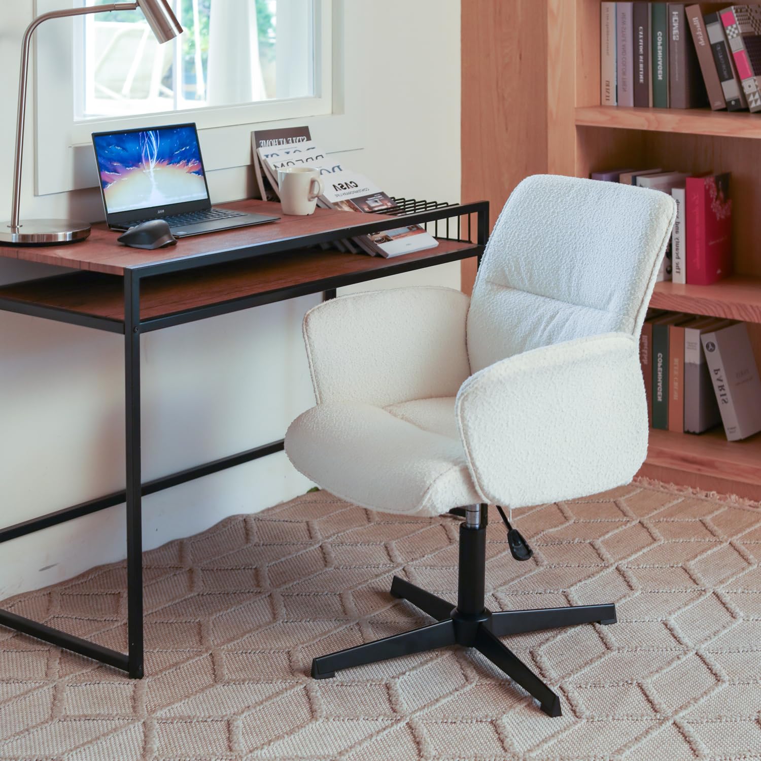 MEUBLE COSY Krzesło biurowe z regulacją wysokości krzesło toaletowe biurko krzesło z tkaniny Bouclé do studia sypialni, biały, metal, 66 x 63 x 82-94 cm
