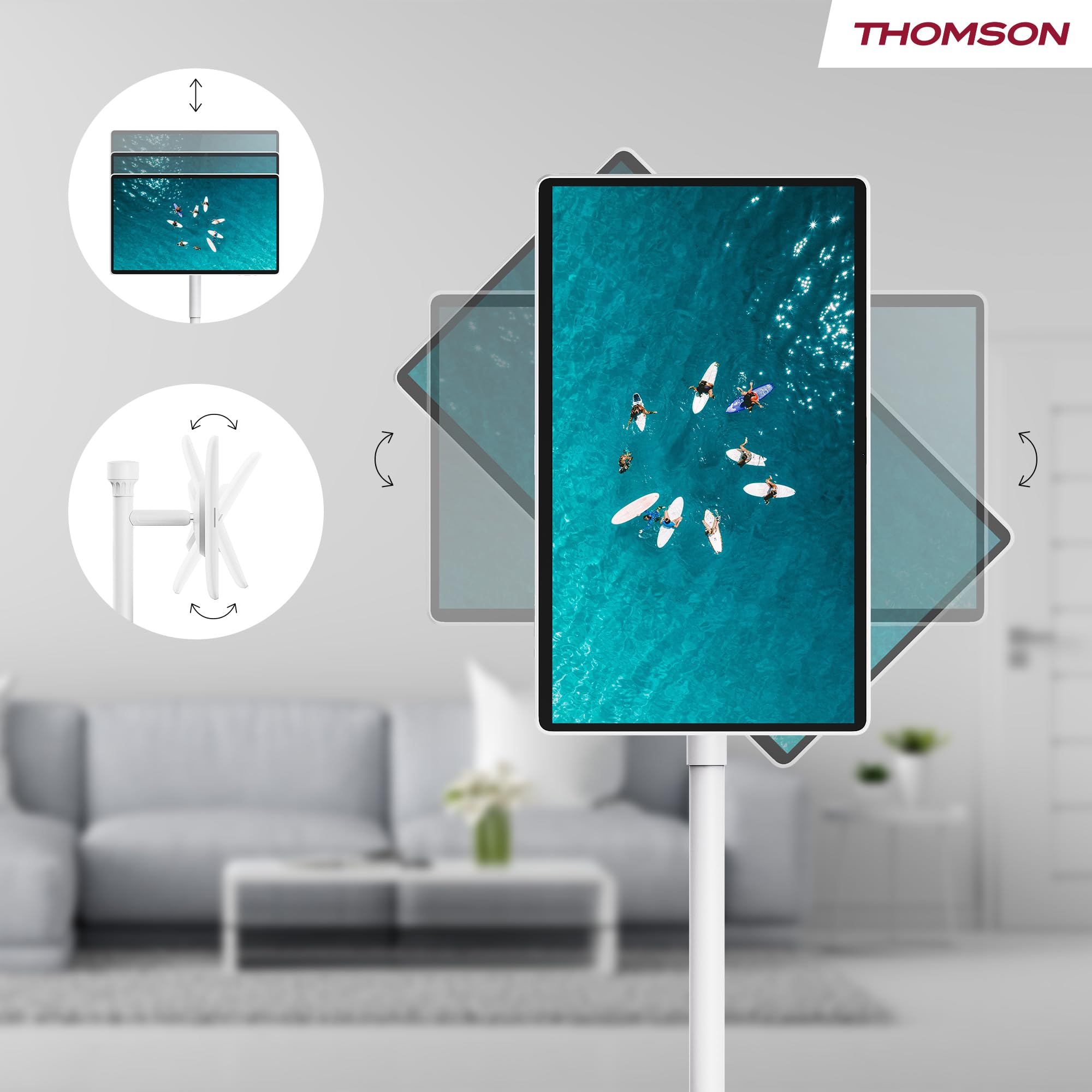 THOMSON Go Plus Pro Pantalla Táctil Inteligente 27 Pulgadas (69 cm) FHD, Android, Control por Voz, Hotspot, Cámara 5MP, Subwoofer, WiFi 6, Bluetooth, Batería 4 Horas, Soporte Portátil - Blanco