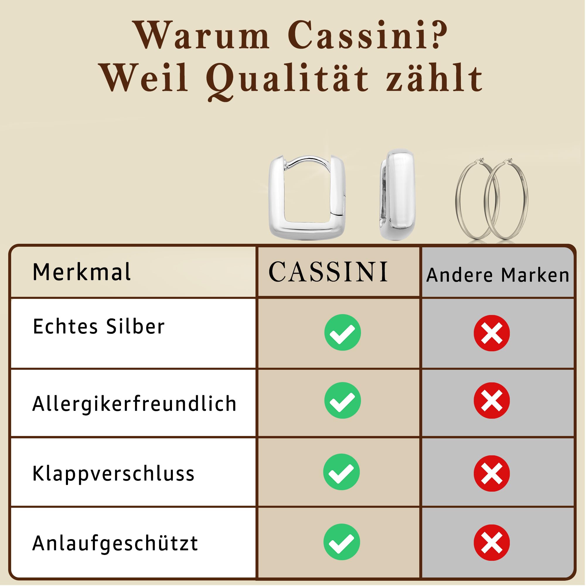 CASSINI Rechteckige Ohrringe Silber 925 – Breite Creolen Silber 925 Klein aus 925 Sterling Silber, Hochglanzpoliert Creolen Silber, Ohrringe Allergiefrei, Nickelfreier Schmuck für Damen – 3CTF1