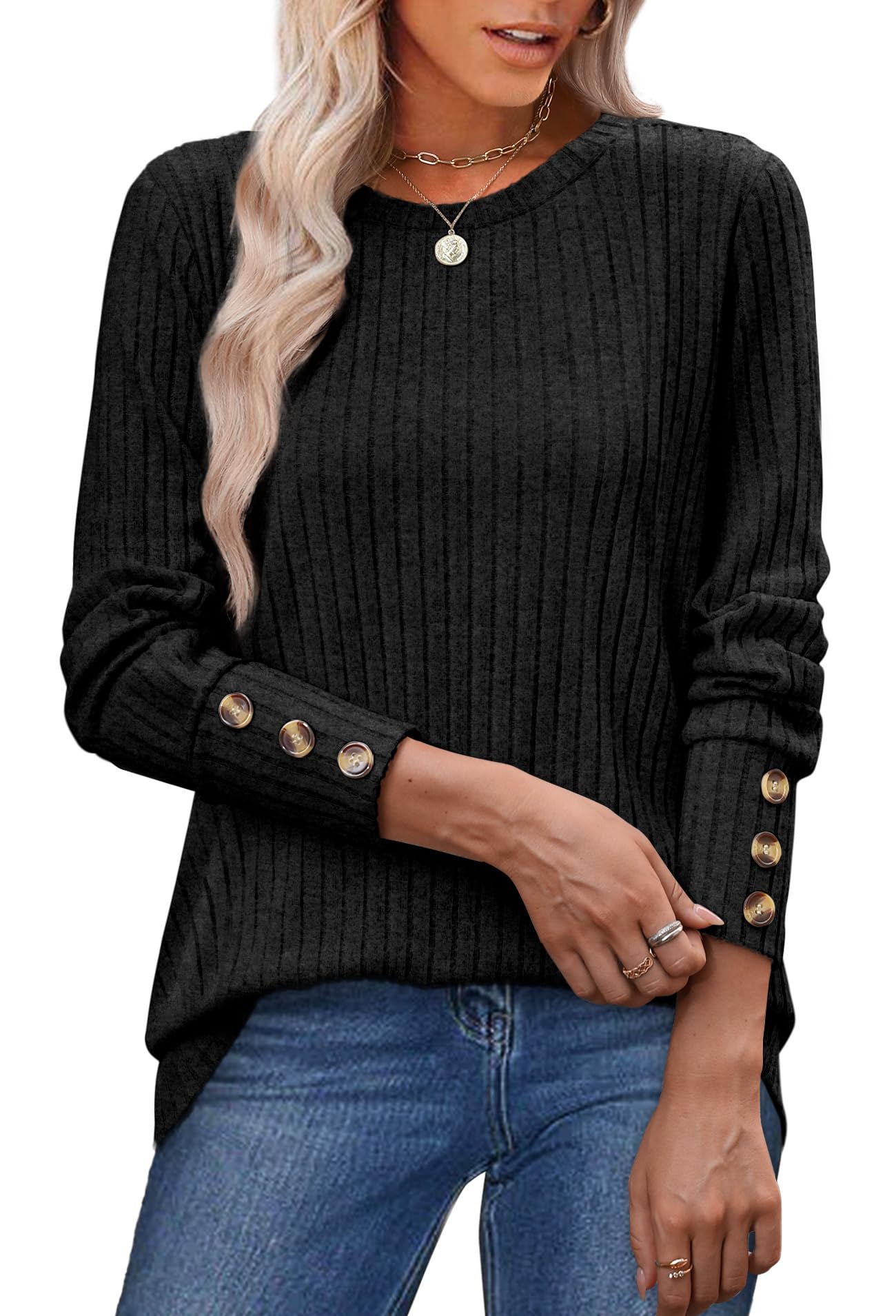OFEEFAN Womens Sweaters Long Sleeve Tops Button Cuffs Plus Size Fashion Clothing Tunics or Tops Wear with Leggings