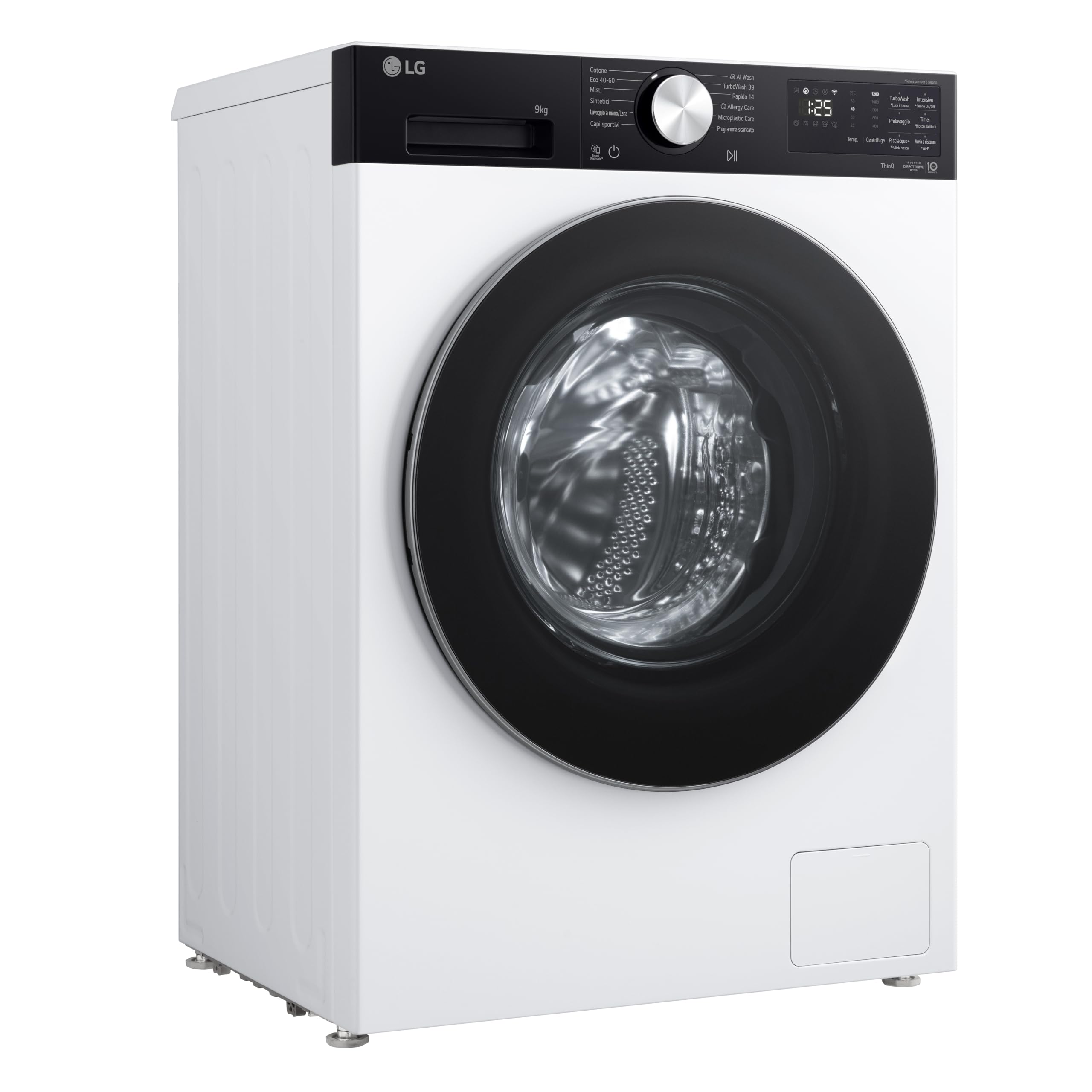 LG F2NX50S9TKC Lavatrice Slim 9 kg Next AI DD, Classe A -30%, 1200 Giri, Programma AI Wash con Intelligenza Artificiale, Wi-Fi, Allergy Care, TurboWash 360, Serie X5, White Black Pannel e Silver Knob