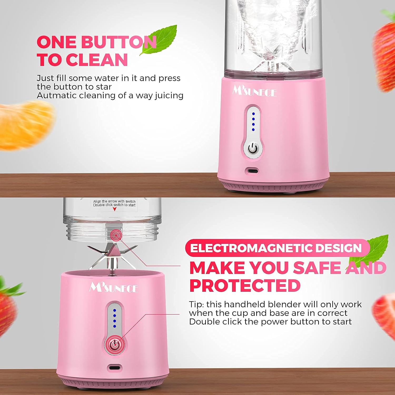 MOSUNECE Portable Blender, 17 Oz Personal Blender for Shakes and Smoothies, Fruit Juice, Mini Blender with Stainless Steel Six Blades, 4000mAh Battery, USB Rechargeable Mixer for Sports, Office,Travel, Gym（Pink）: Home & Kitchen