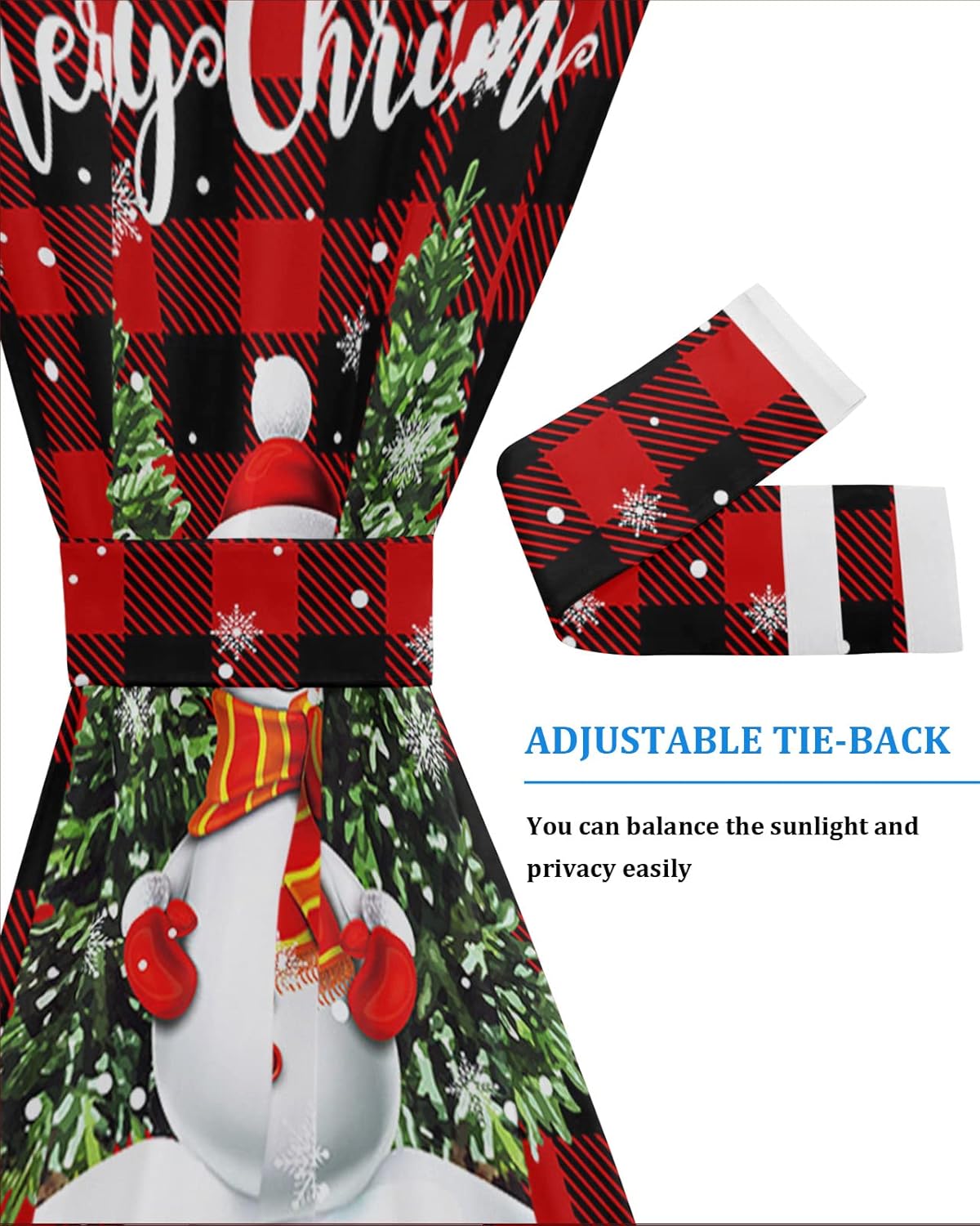 Winter Christmas Snowman Black Out French Door Curtains For Door Window,Snowflake Buffalo Red Black Checkered Rod Pocket Door Drapery Curtain Panel With Tiebacks For Sidelight Front Back Doors,25"x72"