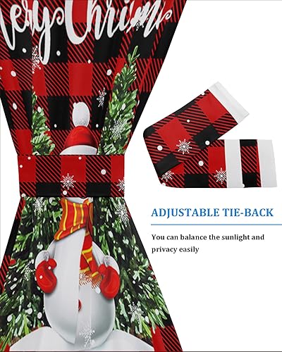 Miniatura 4 de Cortinas de invierno para puerta francesa, diseño de muñeco de nieve, color rojo y negro, a cuadros, con bolsillo para barra, con alzapaños para luz