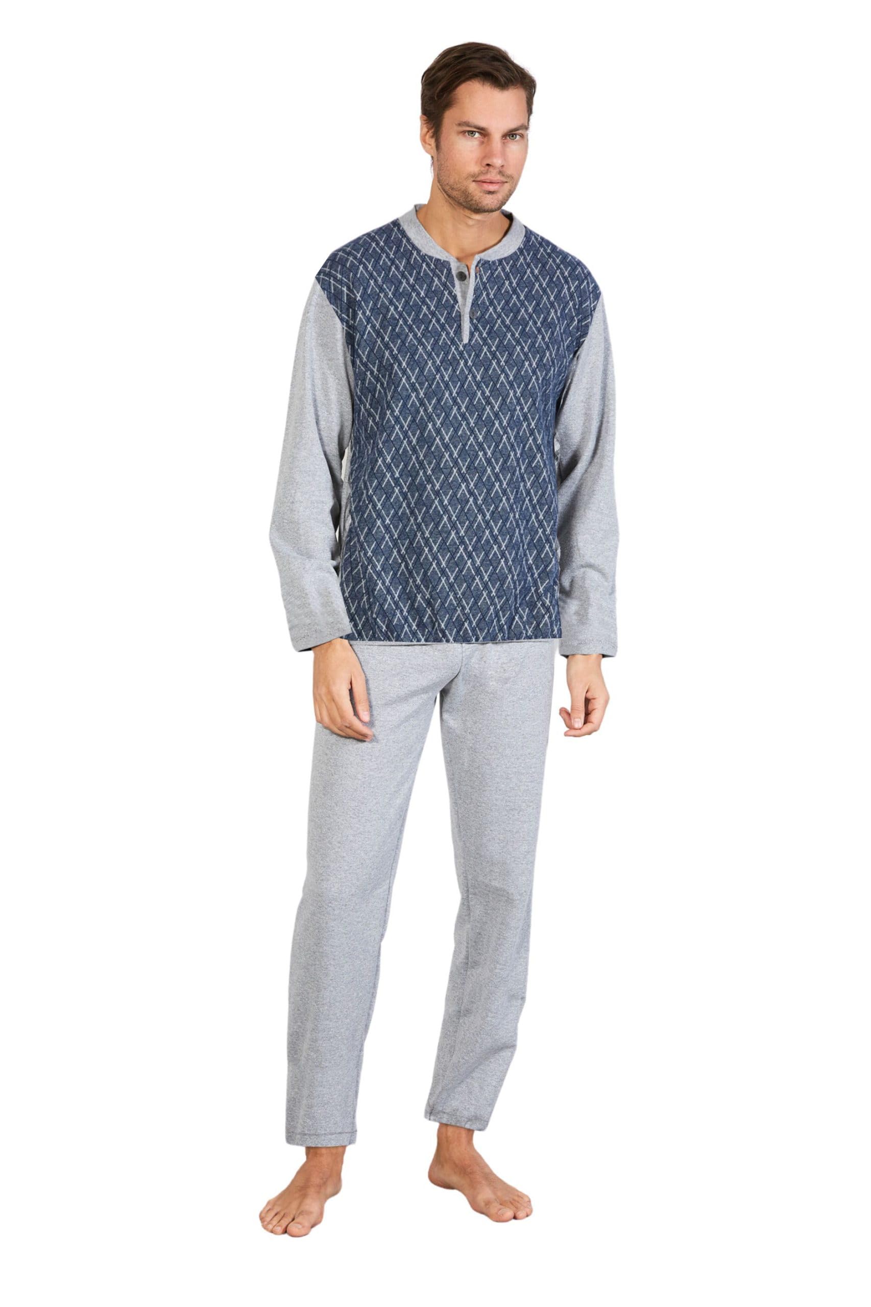 Leo Corsetteria Pigiama Uomo Invernale Serafino Jacquard Felpato Molto Caldo No Polsini Maglia 6100-59MP