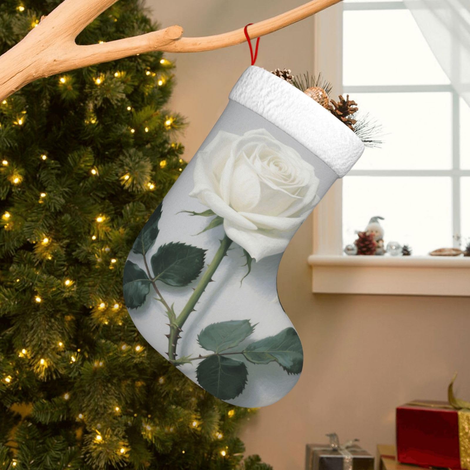Velvet Christmas Stockings 17.7 Inch, White Blooming Floral Xmas Stocking with Soft Cuff,Classic Personalized Christmas Tree Decoration for Family Holiday New Year Party Supplies