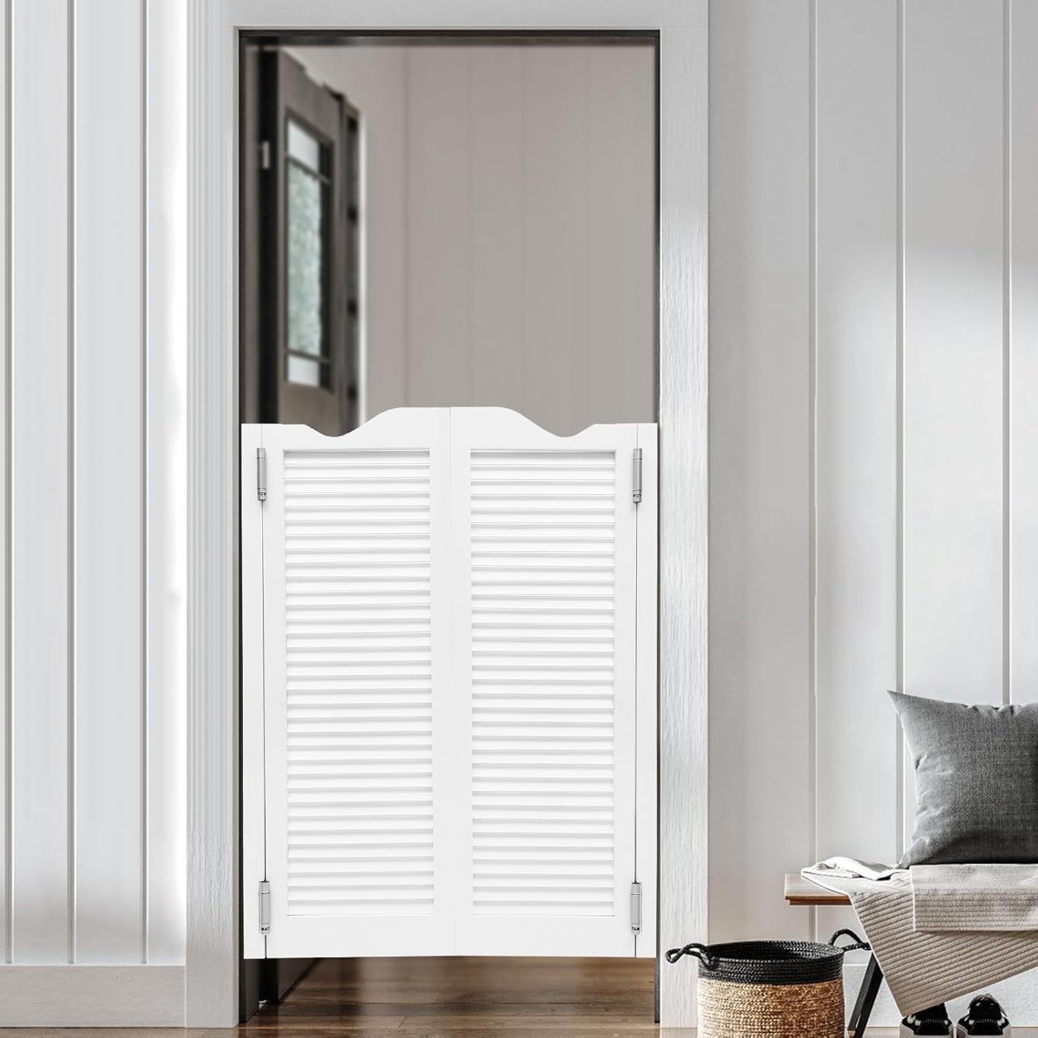 Cafe Doors Saloon Doors Interior Wood Cafe Door with Hardware Swinging Barn Door Bar Swinging Door for Indoor Pine Wood Louvered Door Included Hinges (White, 32"x42")